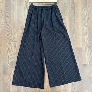 Eskandar Japanese Wool Silk Wide Leg Cropped Trousers Navy Pinstripe 1 / Small